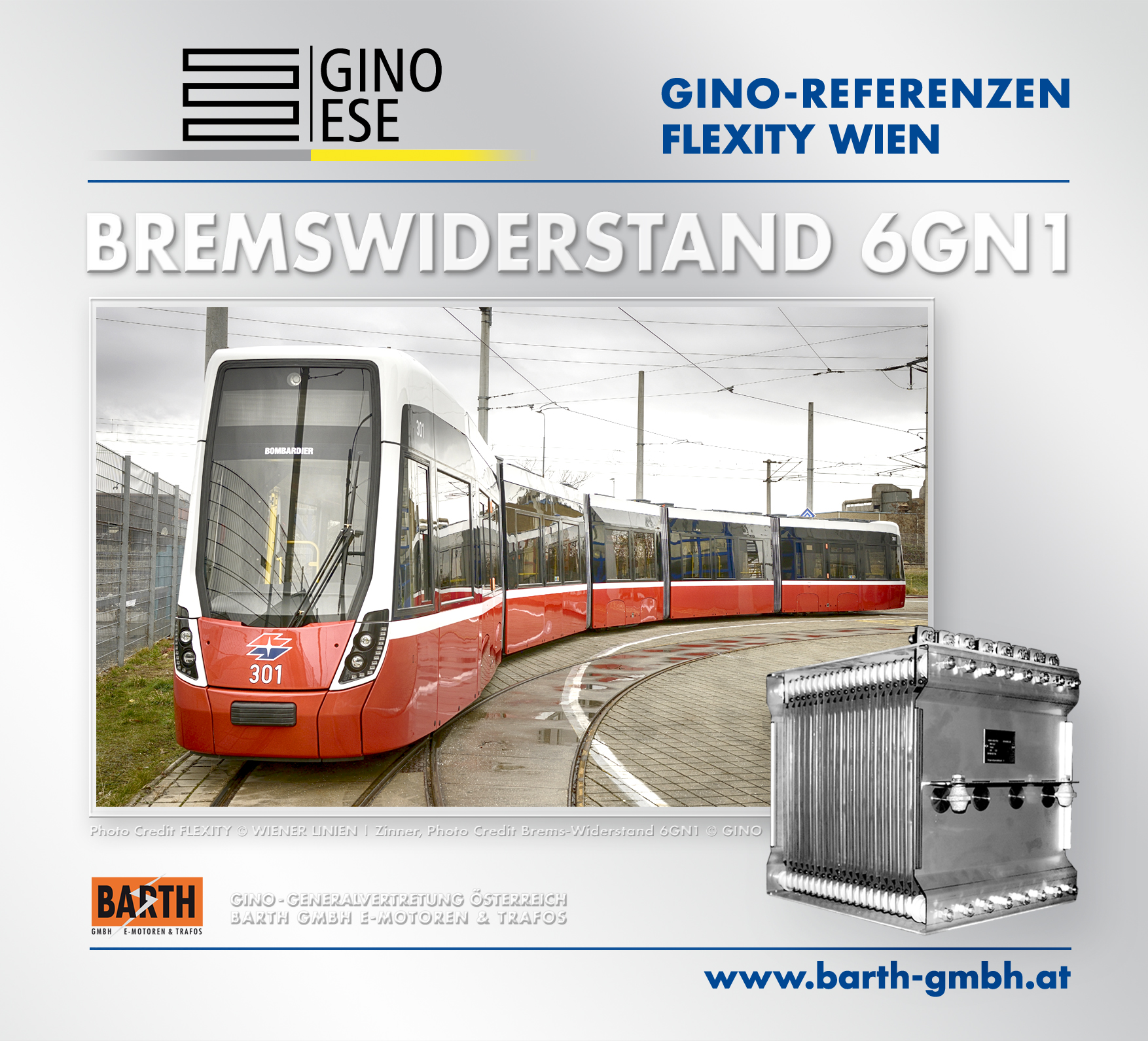 Foto: FLEXITY-Straßenbahn © Wiener Linien | Zinner / Foto: Brems-Widerstand 6GN1 © GINO AG