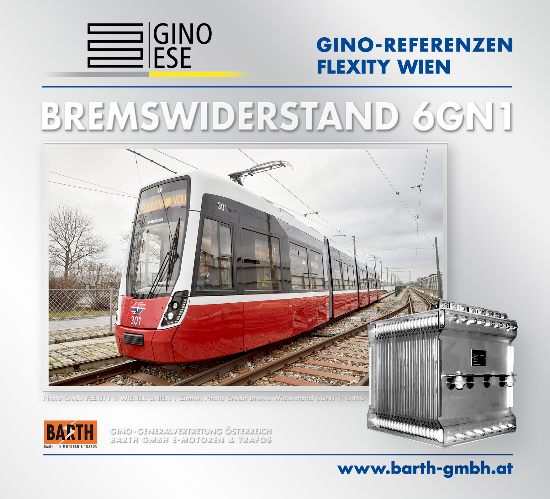 Foto: FLEXITY-Straßenbahn © Wiener Linien | Zinner / Foto: Brems-Widerstand 6GN1 © GINO AG